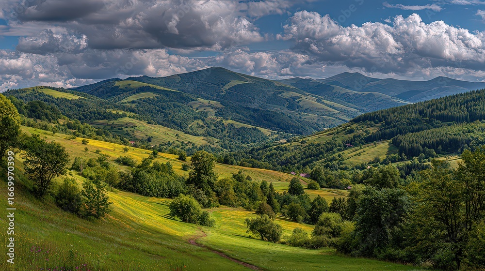 Fototapeta premium Colorful Mountain Valley Landscape With Lush Greenery And Hills
