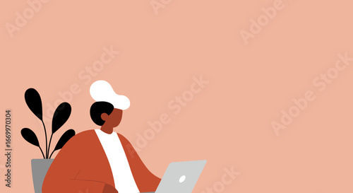 Modern illustration of a person working remotely on a laptop, embodying productivity and a contemporary work-life balance. Ideal for business, technology, or lifestyle content.