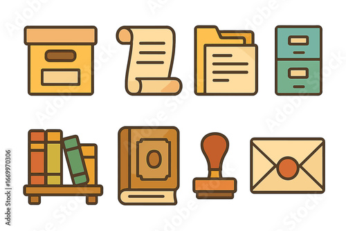 Children's Archival Icons. Flat vector mini-illustrations archival storage in colors children's illustrations: archive box, scroll