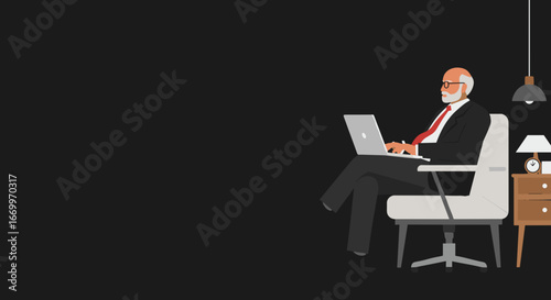 Senior businessman works on a laptop in a modern office or home setting, symbolizing professionalism, experience, and remote work efficiency.