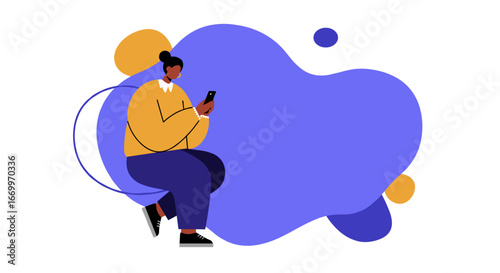 Modern person engaged with a smartphone, reflecting digital communication and online connectivity amidst abstract shapes. Ideal for technology, business, or lifestyle concepts.