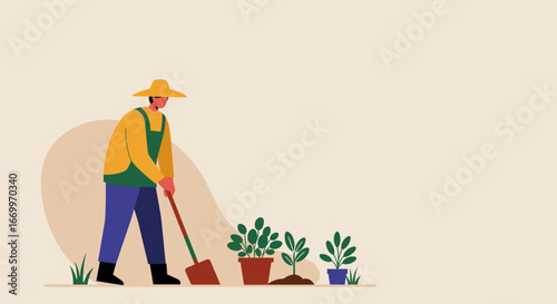 Person in a straw hat and overalls, diligently digging soil with a shovel to plant new green seedlings and potted plants. Concept of gardening, agriculture, and sustainable living.