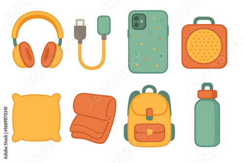 Children's Audiobook Icons. Flat vector mini-illustrations audiobook accessories in colors children's illustrations: headphones,