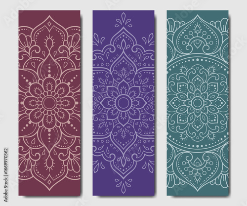 Set of design yoga mats. Lotus floral pattern, mandala in oriental style for decoration sport equipment. Colorful ethnic Indian ornaments for spiritual serenity. Decor of card, poster, print.