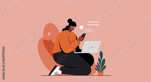 Illustration of a focused woman using a laptop and smartphone simultaneously, representing remote work, online communication, and digital lifestyle. Ideal for business and technology themes.