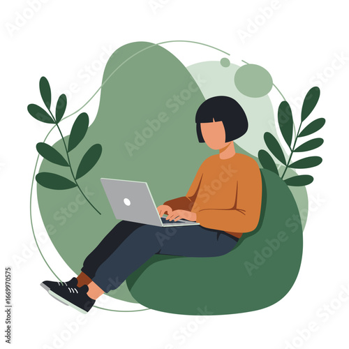 Young person works casually on laptop, sitting on a bean bag chair amidst green abstract decor. Illustrates remote work, online learning, freelance, and flexible lifestyle.