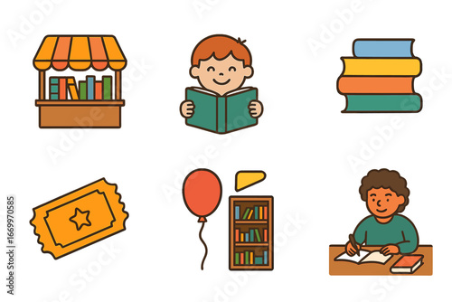Children's Book Fair Icons. Flat vector mini-illustrations book fair in colors children's illustrations: book stall, smiling child