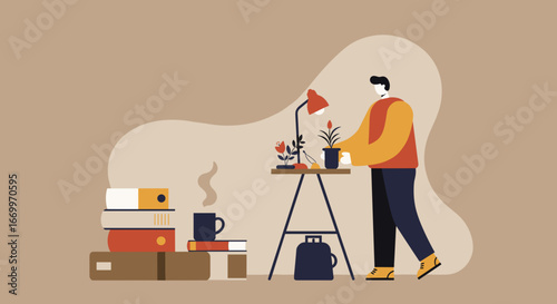 Man arranging potted plants in a cozy home office, surrounded by books and a warm drink. Captures a comfortable, productive, and personalized workspace or leisure activity.