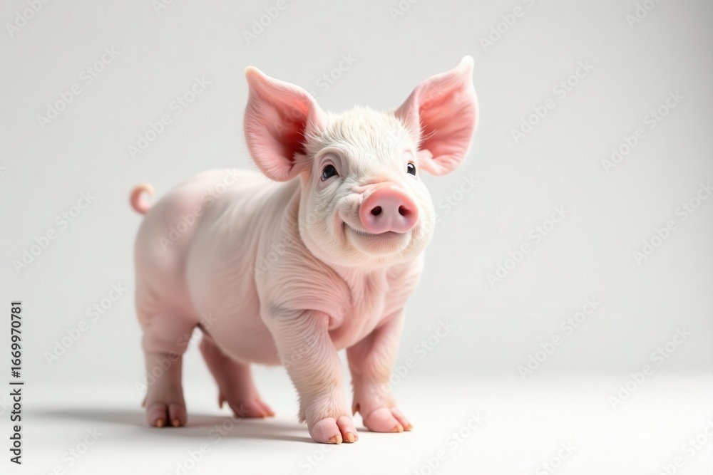 Naklejka premium A little pink pig stands alone against a stark white backdrop , piglet, graphic, image