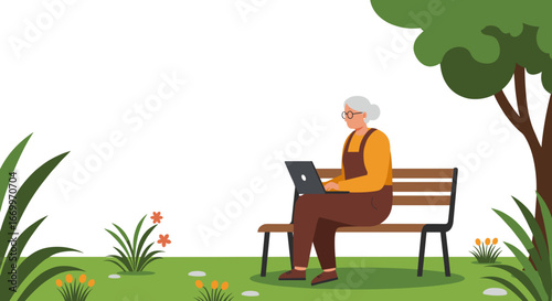 Elderly woman uses a laptop on a park bench, embracing technology for communication or online learning in a peaceful outdoor setting. Represents active senior lifestyle.