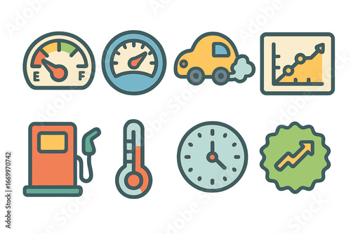 Children's Car Dashboard Icons. Flat vector mini-illustrations fuel consumption in colors children's illustrations: fuel gauge,