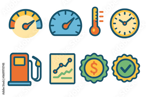Children's Car Dashboard Icons. Flat vector mini-illustrations fuel consumption in colors children's illustrations: fuel gauge,