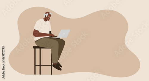 Engaged senior Black man confidently uses a laptop, representing digital literacy, remote work, and modern independent lifestyle.