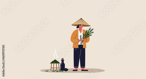 Person in conical hat preparing natural ingredients, possibly herbs or tea, symbolizing traditional craft, healthy lifestyle, and Asian culture.
