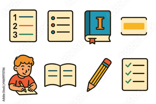 Children's Chapter Icons. Flat vector mini-illustrations chapter organization in colors children's illustrations: numbered list,