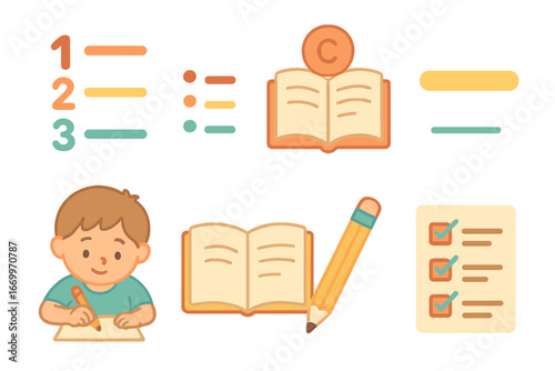 Children's Chapter Icons. Flat vector mini-illustrations chapter organization in colors children's illustrations: numbered list,