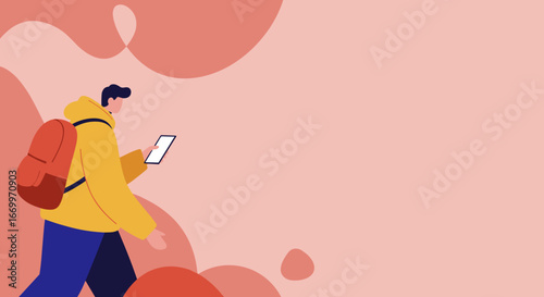 Modern traveler or student with a backpack uses a smartphone, representing digital connectivity, navigation, and on-the-go lifestyle with copy space.