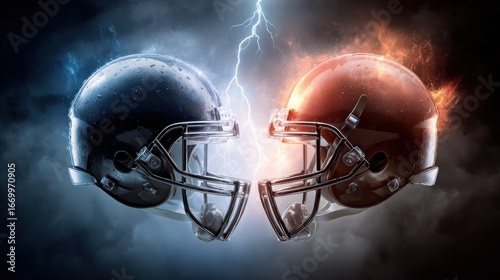 Intense face-off between two football helmets with lightning and fiery effects