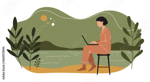 A woman works remotely on her laptop in a serene natural landscape by a lake, symbolizing work-life balance and tranquility.