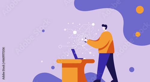 Man interacting with a futuristic digital interface, managing data and networks for innovative technology solutions. Represents business connectivity and digital transformation.