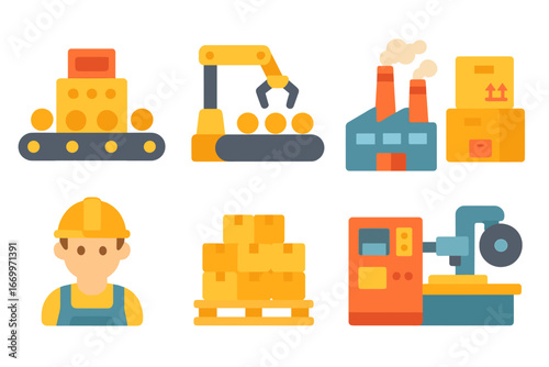 Children's Factory Icons. Flat vector mini-illustrations mass production in colors children's illustrations: assembly line,