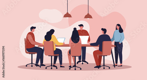 Diverse team of professionals collaborating in a modern office meeting, discussing projects and working efficiently together. Ideal for business concepts.