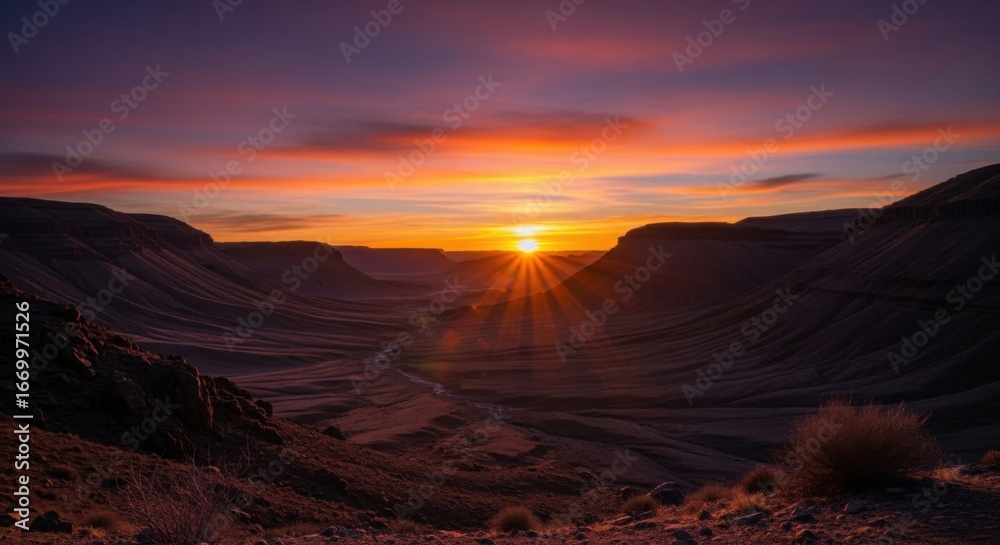 Fototapeta premium Scenic Sunset Over Rugged Canyon Landscape with Vibrant Sky and Dramatic Clouds