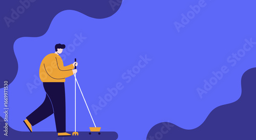 Flat illustration of a man engaged in yard work, pushing a gardening tool. Represents home maintenance, outdoor chores, or spring cleaning concepts.