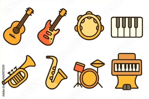 Children's Gospel Instruments. Flat vector mini-illustrations gospel instruments in colors children's illustrations: acoustic
