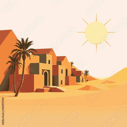 Desert landscape with shining hot sun