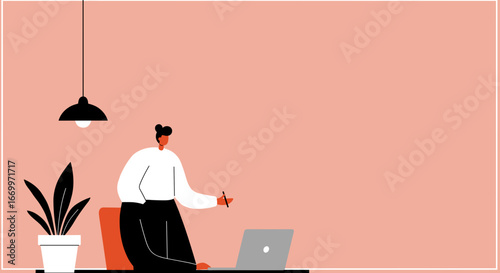 Focused woman working remotely on laptop from a modern home office with plant and lamp, embodying productivity and a balanced lifestyle.