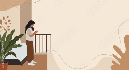 Woman using smartphone at home by indoor railing and plants. Reflects modern lifestyle, digital communication, and remote work. Copy space.