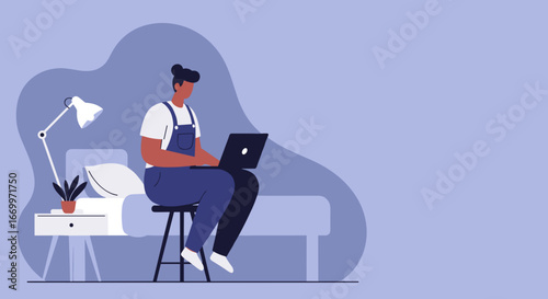 A person in overalls works on a laptop from home, embodying remote productivity and digital lifestyle in a comfortable bedroom setting. Perfect for business, education, or tech content.