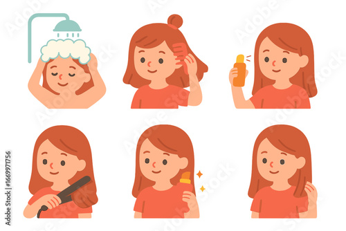 Children's Hair Styling Icons. Flat vector mini-illustrations hair styling routine in colors children's illustrations: washing