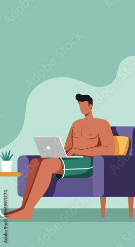 Man in swim trunks relaxing on a sofa, working remotely on his laptop. Illustrates work-life balance, digital nomad lifestyle, and summer comfort at home.