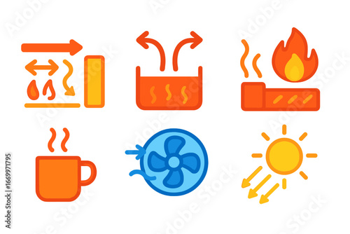Children's Heat Safety Icons. Flat vector mini-illustrations heat transfer in colors children's illustrations: conduction arrows,
