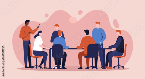 Diverse team collaborating in a modern office meeting, discussing strategies and ideas. Ideal for business, corporate training, and professional development concepts.