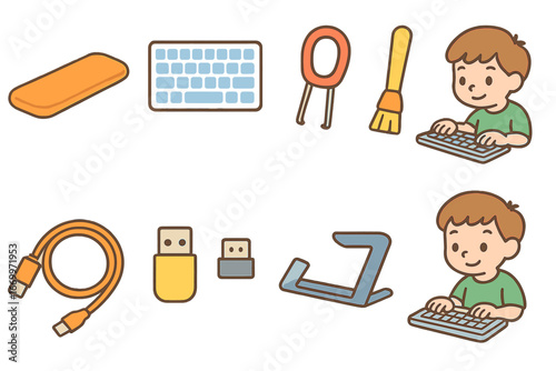 Children's Keyboard Illustrations. Flat vector mini-illustrations keyboard accessories in colors children's illustrations: wrist