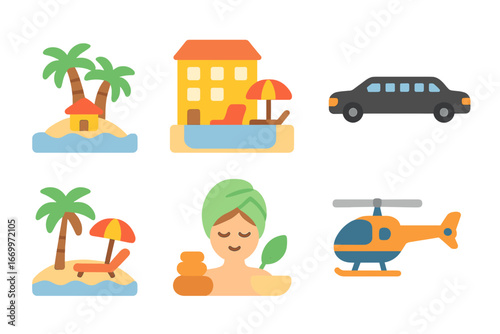 Children's Luxury Travel Icons. Flat vector mini-illustrations luxury travel in colors children's illustrations: private island,