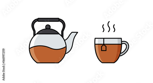 Brewed Tea in Kettle and Glass Cup Illustration.