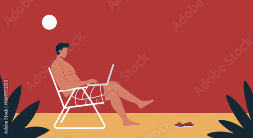 A man works remotely on a laptop while relaxing on a beach chair under a summer sun, embodying modern flexible work and travel lifestyle.
