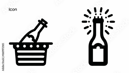Illustration of a champagne bottle in an ice bucket and a popping champagne bottle icon design style silhouette