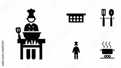 Illustration showing a chef cooking, utensils, a pot on a burner, and a spice rack icons style image silhouette