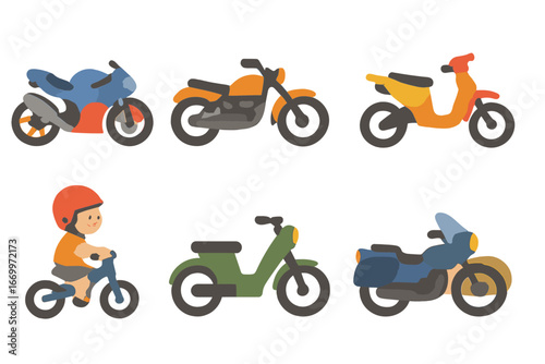 Children's Motorcycle Types. Flat vector mini-illustrations motorcycle types in colors children's illustrations: sport bike,