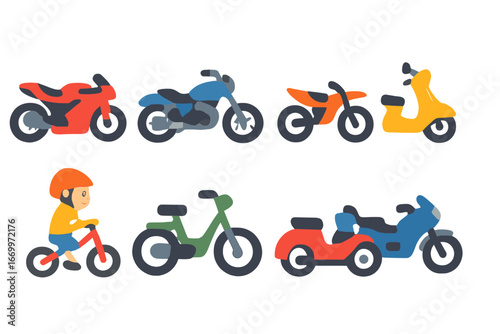 Children's Motorcycle Types. Flat vector mini-illustrations motorcycle types in colors children's illustrations: sport bike,