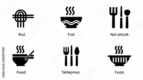Illustration of six food related icons including bowls of steaming food and cutlery arrangements displayed silhouette