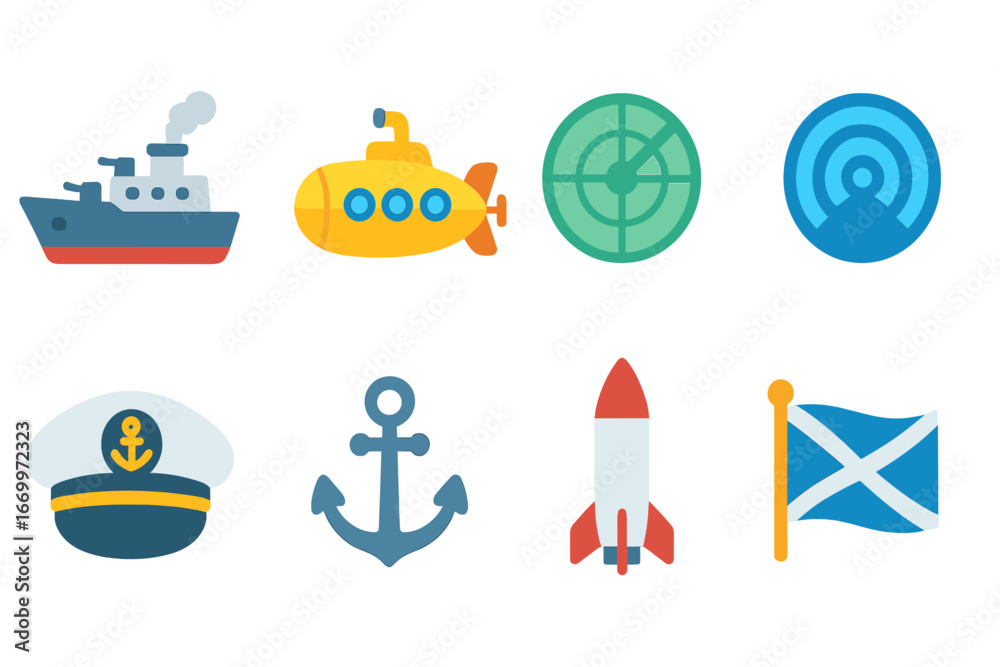 Fototapeta premium Children's Naval Illustrations. Flat vector mini-illustrations naval ships in colors children's illustrations: battleship,