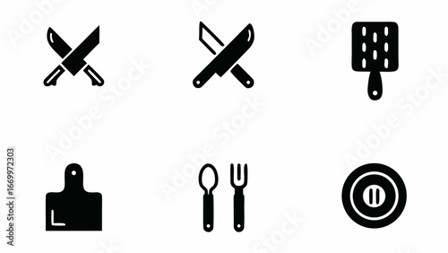 Illustration of kitchen utensils including knives, spatula, cutting board, spoon, fork and plate icons silhouette