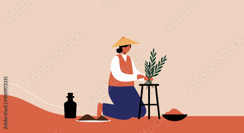 Person in a traditional conical hat carefully preparing natural botanicals. Evokes concepts of herbal medicine, wellness, traditional crafts, and organic products.