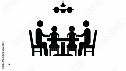 Illustration of a family of four sitting at a table under a chandelier in a dining room setting silhouette
